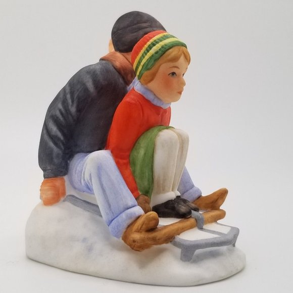 Norman Rockwell Figurine Downhill Daring Sledding 1984 Gorham Calendar Art - Picture 6 of 10